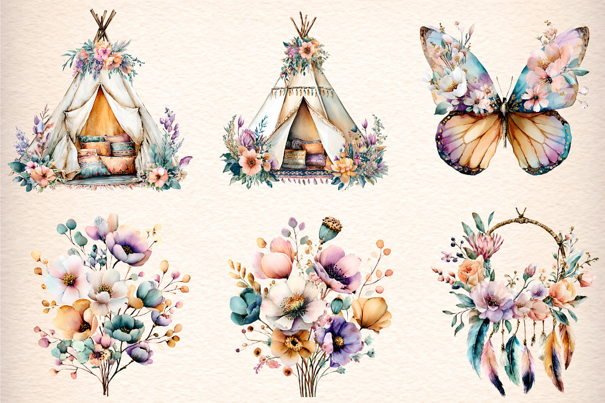 Watercolor Spring Boho Clipart, an Illustration by Digital Artistic99 (Photo 3 of 8)