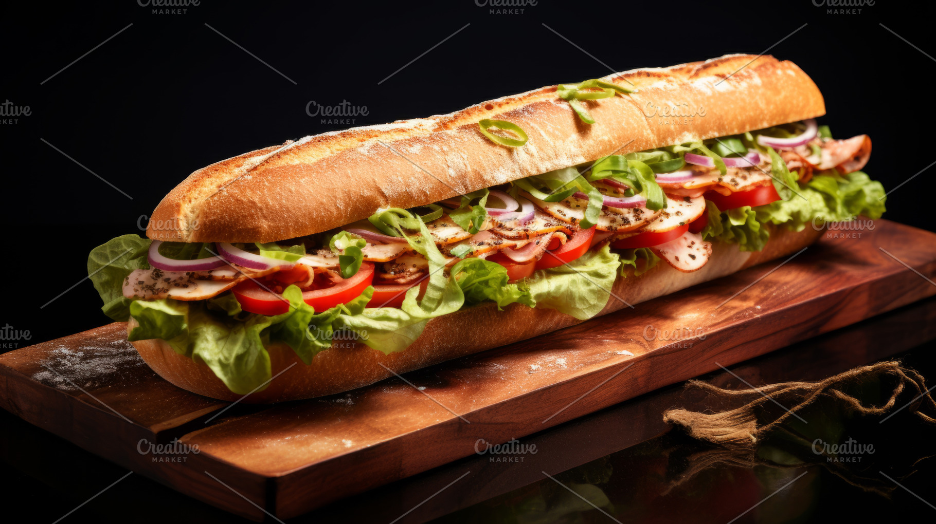Submarine sandwich with ham, cheese, lettuce, tomatoes,onion on wooden table, a Food & Drink Photo by Natalia Klenova's Shop