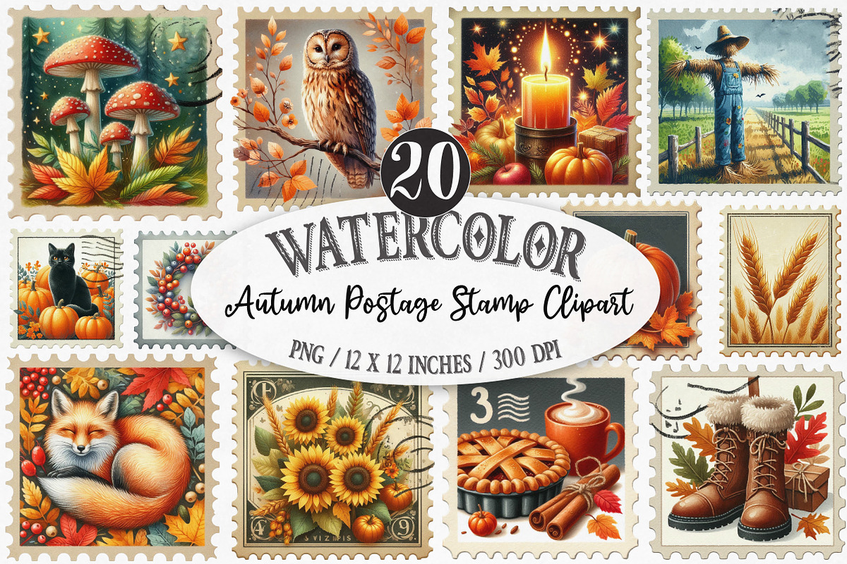 Watercolor Autumn Postage Stamp Clip, an Illustration by Designking (Photo 1 of 5)