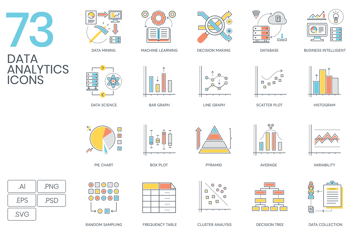73 Data Analytics Color Line Icons, an Outline Icon by Flat Icons