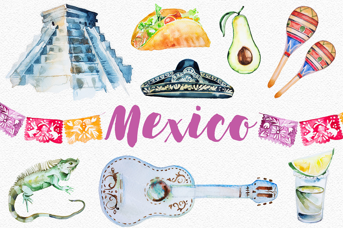 Watercolor Mexico Clipart Set, an Illustration by ArtCreationsDesign (Photo 1 of 2)