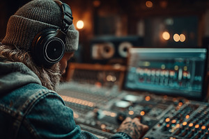 Music producer mixing tracks in a dim recording studio wearing headphones at a, a Photo by AS photostudio