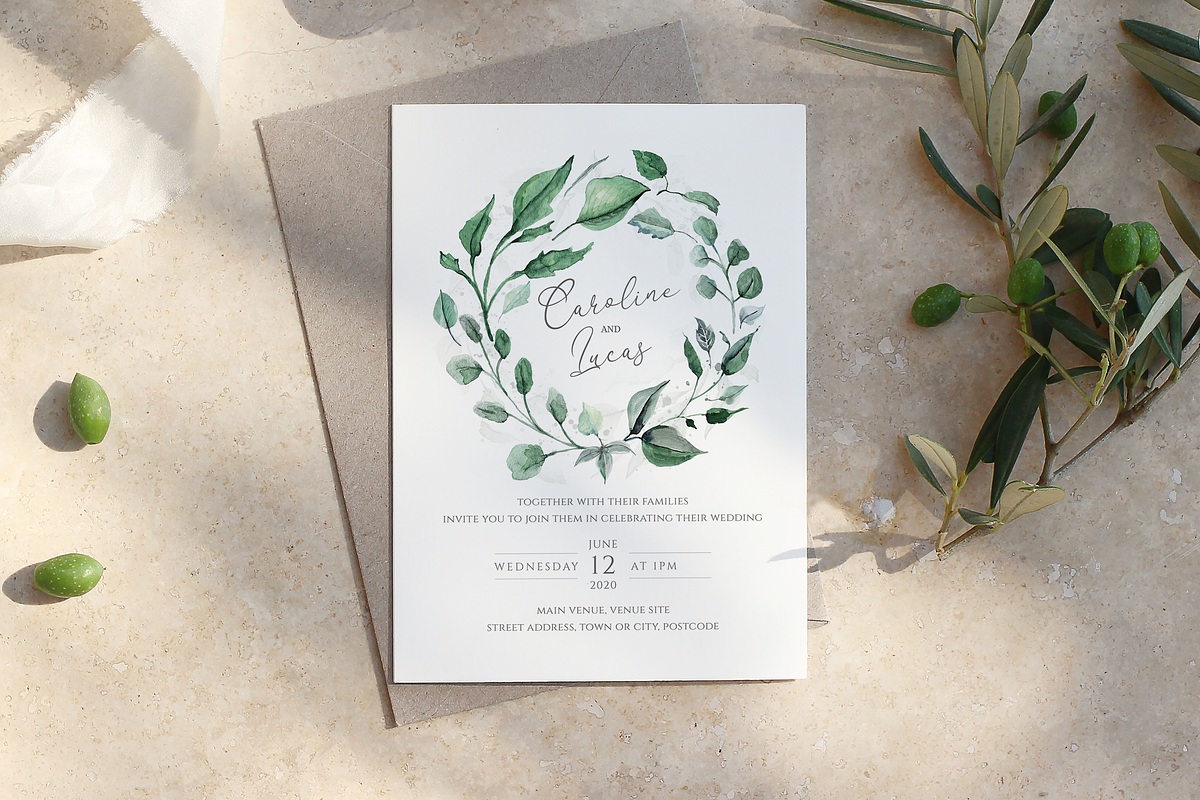 6 Piece Greenery Wedding Invite Set, an Invitation Template by R Whitehurst Design (Photo 5 of 11)