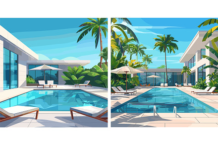 Tropical resort hotel cartoon vector, an Illustration by Onyx