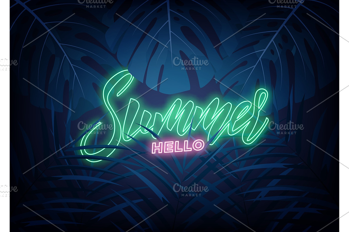 Summer. Modern design layout with neon lettering and tropic jungle leaves. Summer exotic background, an Illustration by Max Letters