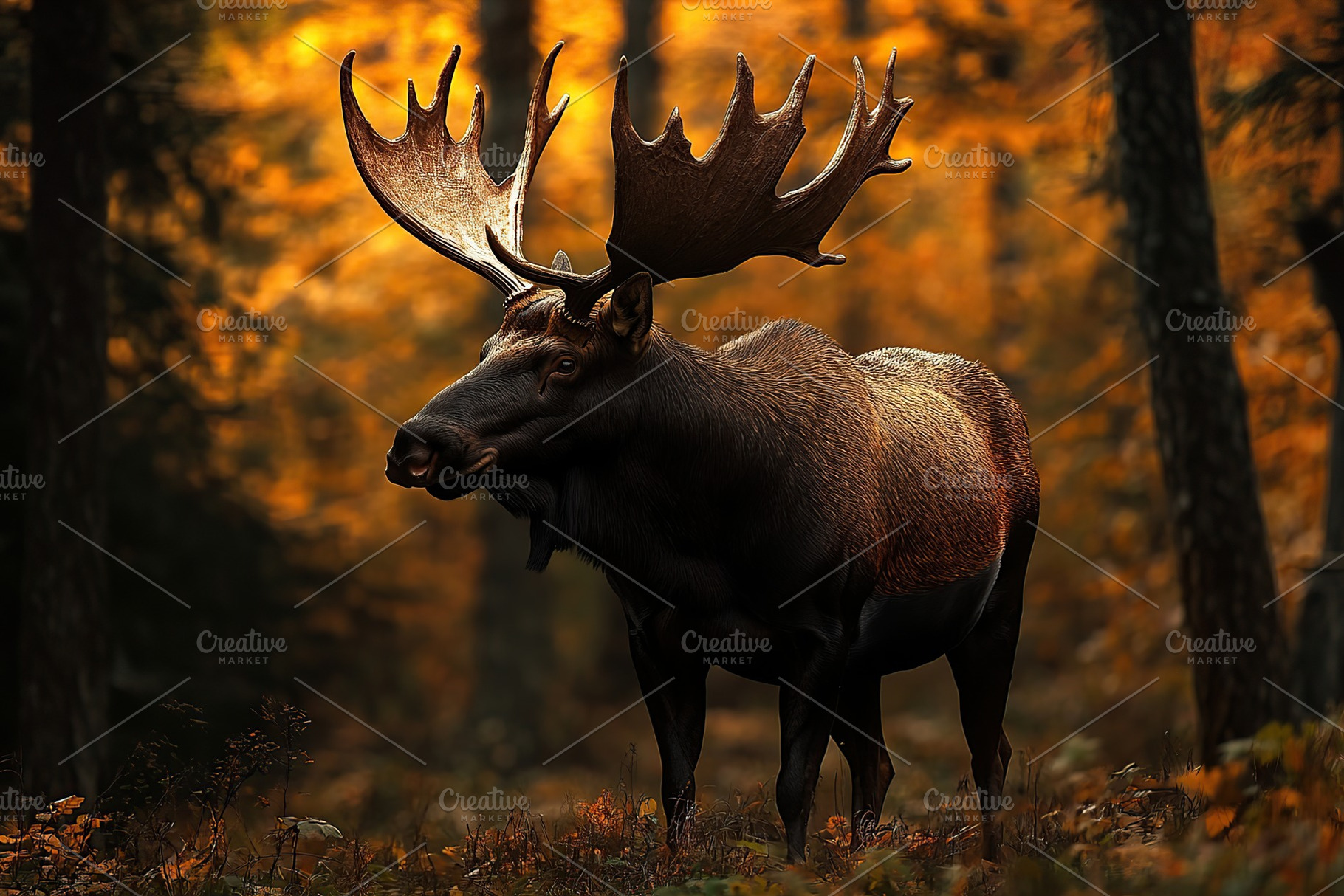Majestic moose in autumn forest surrounded by vibrant golden foliage, an Animal Photo by AlyaAnd