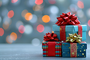 Colorful christmas gift boxes with ribbon bows on blurred lights background, a Holiday Photo by AlyaAnd
