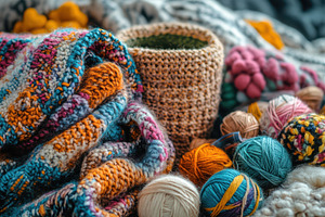 Colorful Knitted Scarves and Yarn Ba, a Background Photo by Pixeness Studio