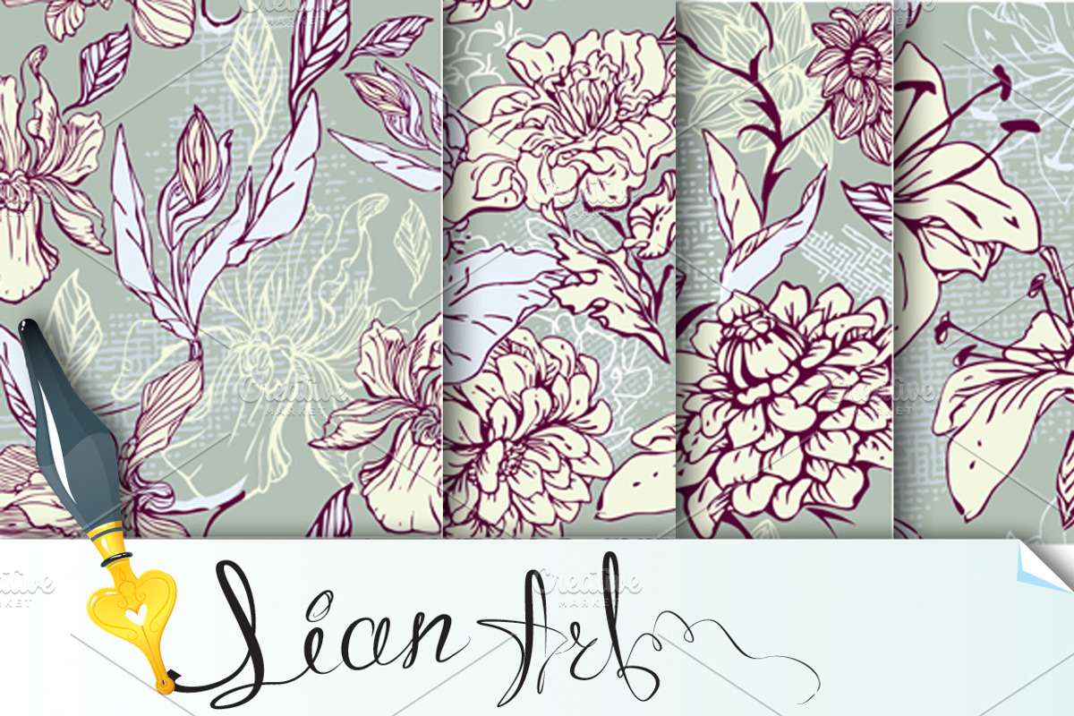 Set of 4 Floral Seamless Patterns