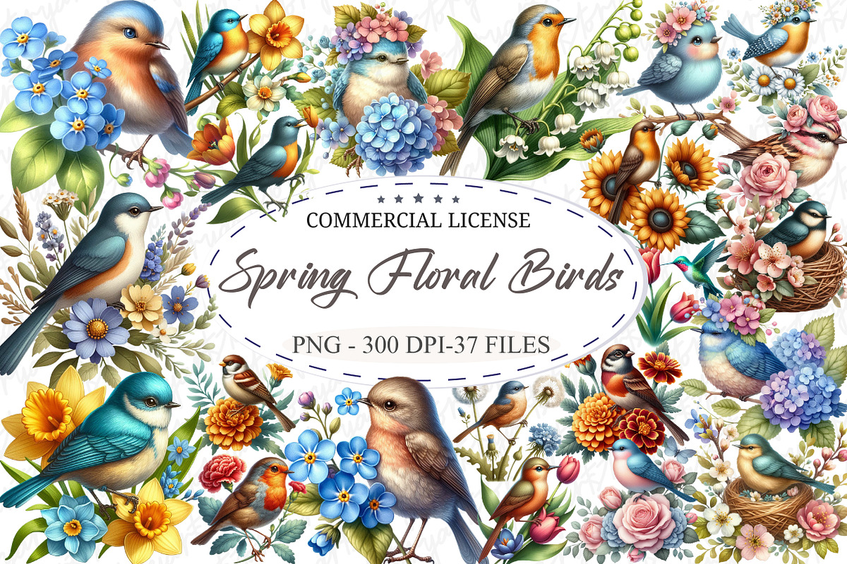 Watercolor Spring Floral Birds Clipa, an Illustration by designcity5 (Photo 1 of 5)