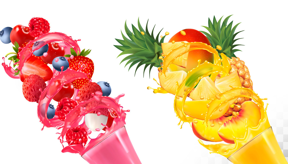 Set of fruit juice splash in glasses, a Food Illustration by ecco