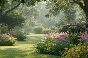 Lush garden path winding through flowering plants and green lawn on a peaceful, a Photo by Studio ANNA