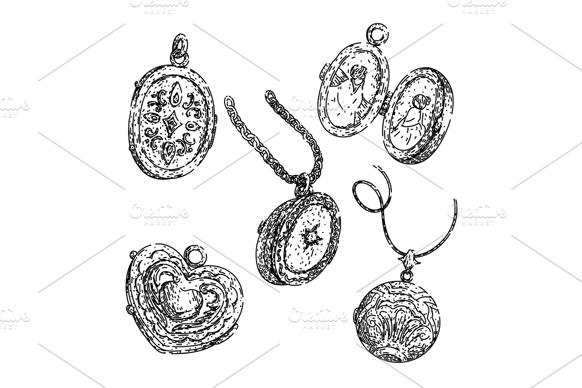 locket set sketch hand drawn vector, an Object Illustration by pikepicture