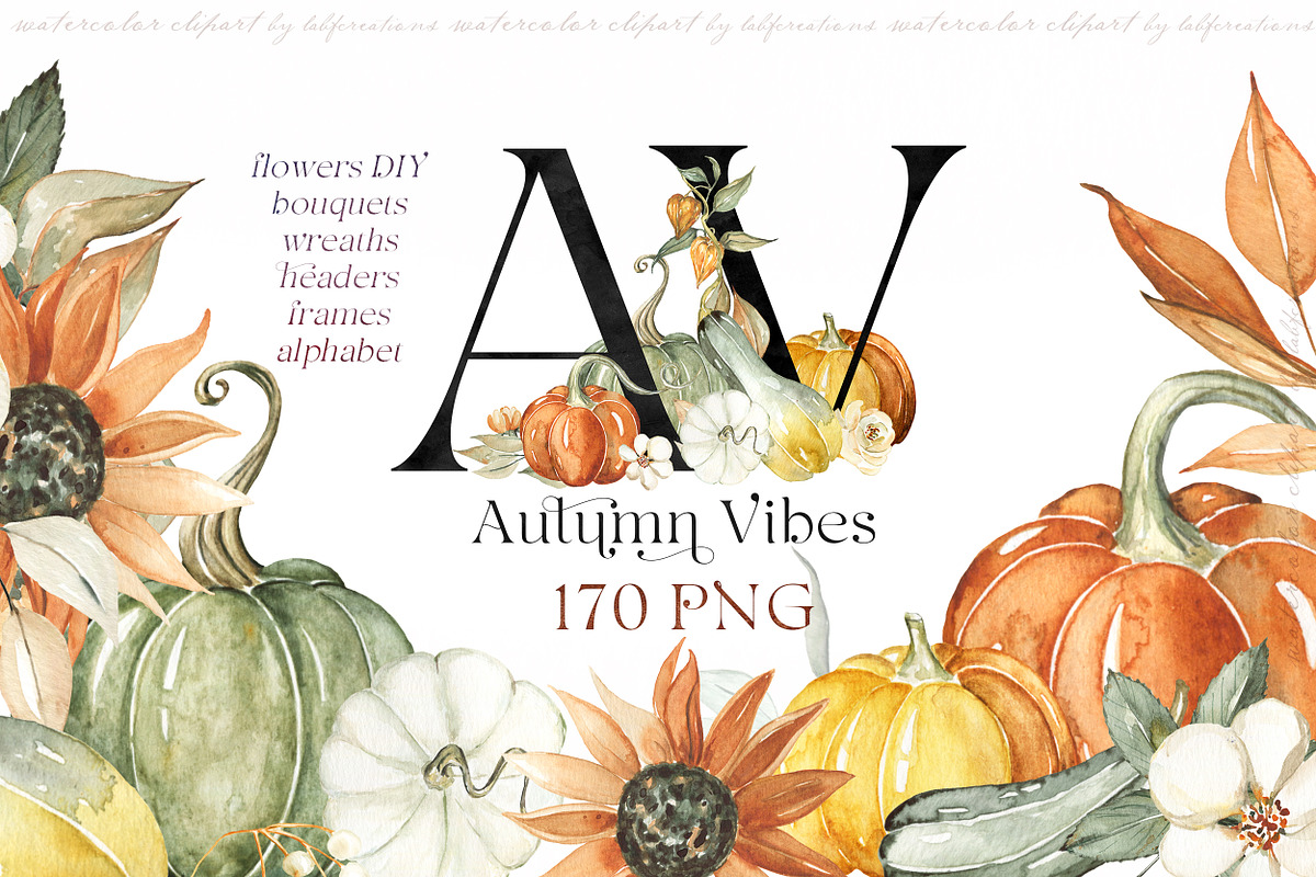 Autumn Vibes. Pumpkins Watercolor, an Illustration by LABFcreations (Photo 1 of 21)
