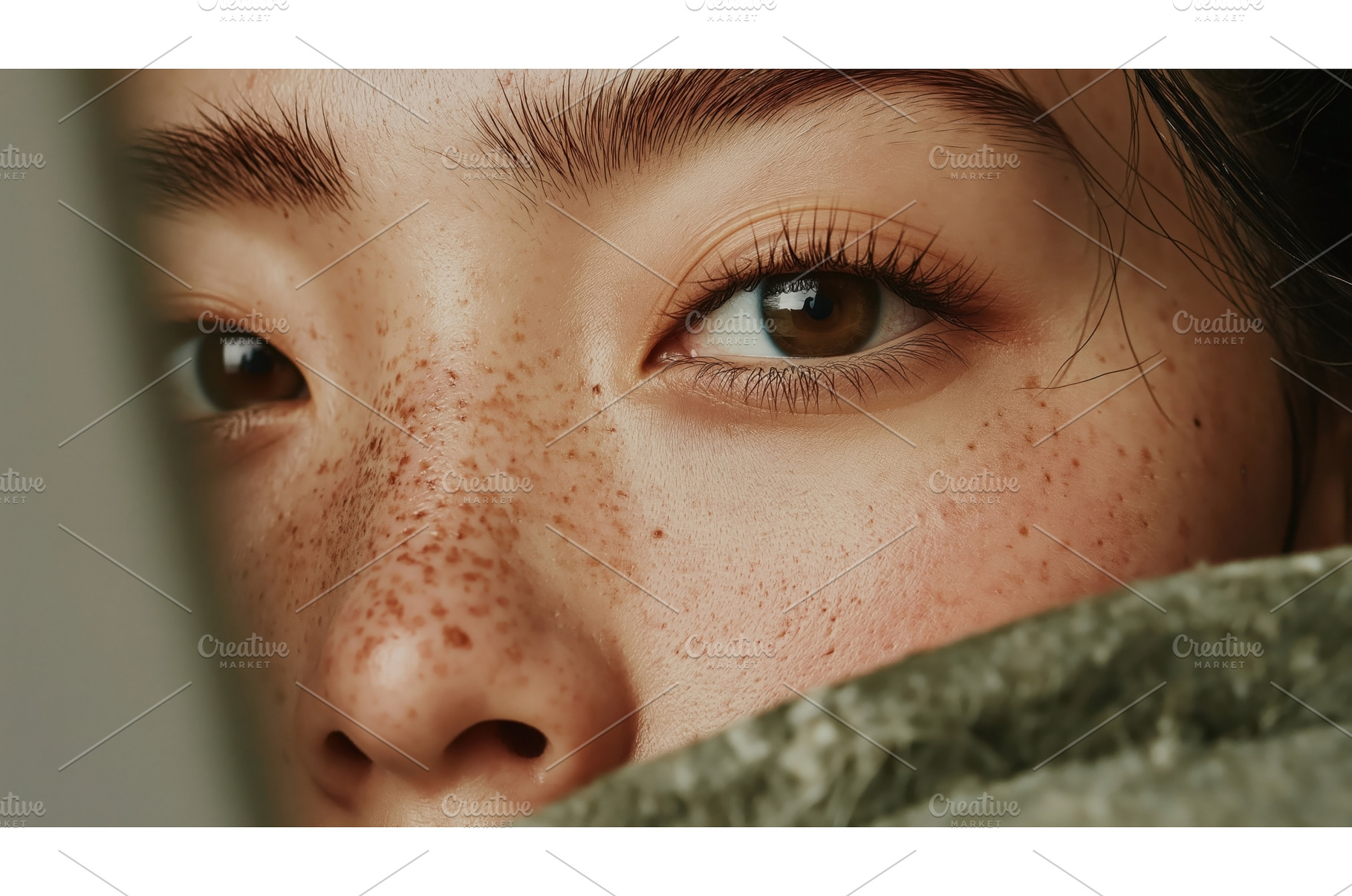 Close-up of a freckled face of an, a Person Photo by Sergey Kotenev
