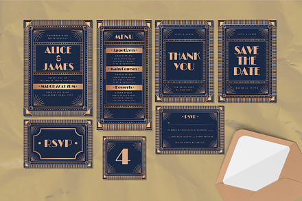 Wedding Invitation Set - Art Deco, a Poster Template by SlideFactory