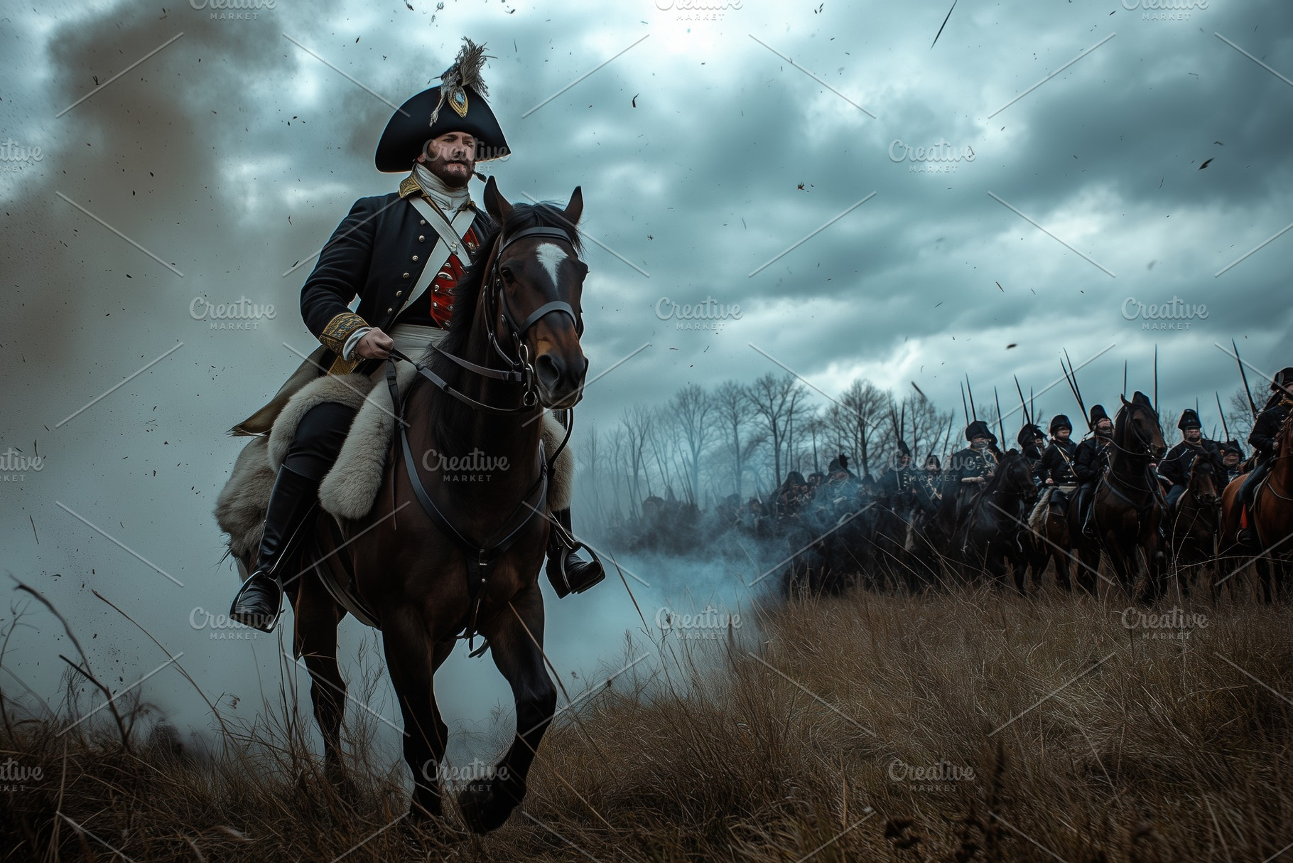A historical scene depicting a cavalry officer in a military uniform riding a h, a Person Photo by Textures & Backgrounds