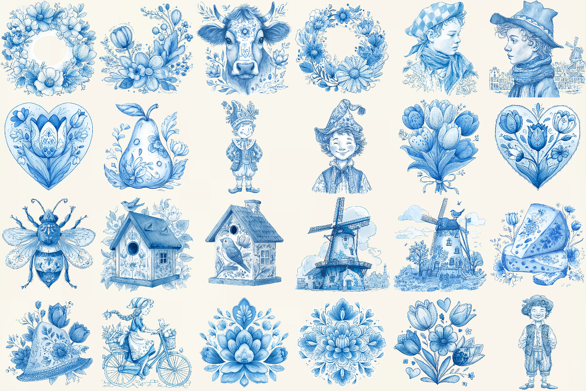 Dutch Folk Blue Clipart Set, an Illustration by DreamCafeArt (Photo 2 of 6)