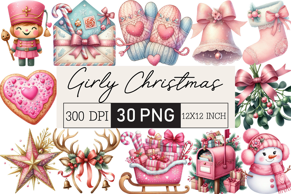 Girly Christmas Watercolor Clipart, an Illustration by Black Bird Studio (Photo 1 of 6)
