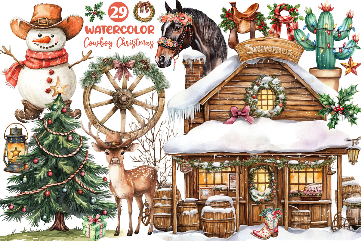 Western Cowboy Christmas Clipart, an Illustration by Dream Creation (Photo 1 of 6)