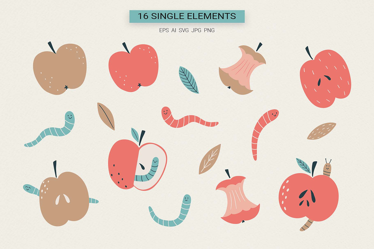 Happy Worms & Apples Clipart, a Food Illustration by Irina Ostapenko (Photo 2 of 6)