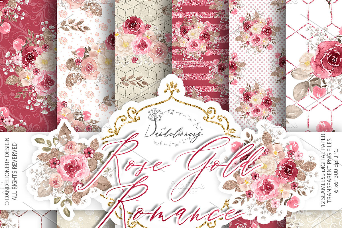 Rose Gold Romance digital paper pack, a Pattern Graphic by ...