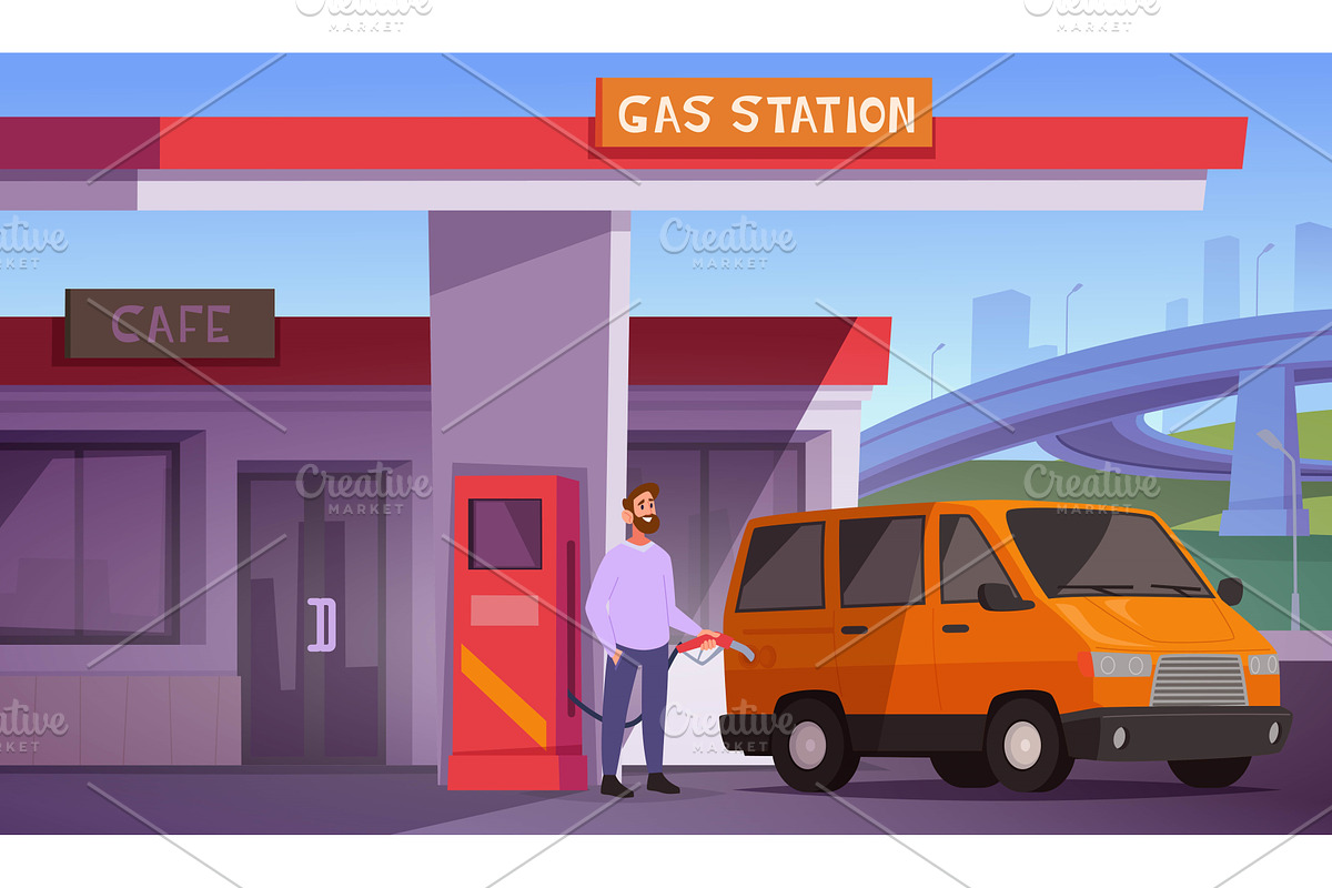 Fuel gas. People fill up cars with, a Transportation Illustration by Onyx