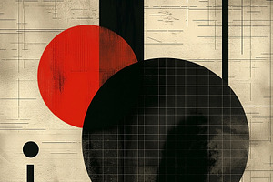 A dynamic abstract composition featuring bold red and black geom, a Decorative Illustration by ImageMir