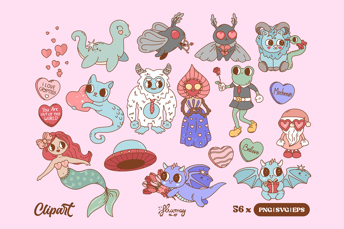 Cute Valentine's Day cryptids bundle, an Object Graphic by Huxmay