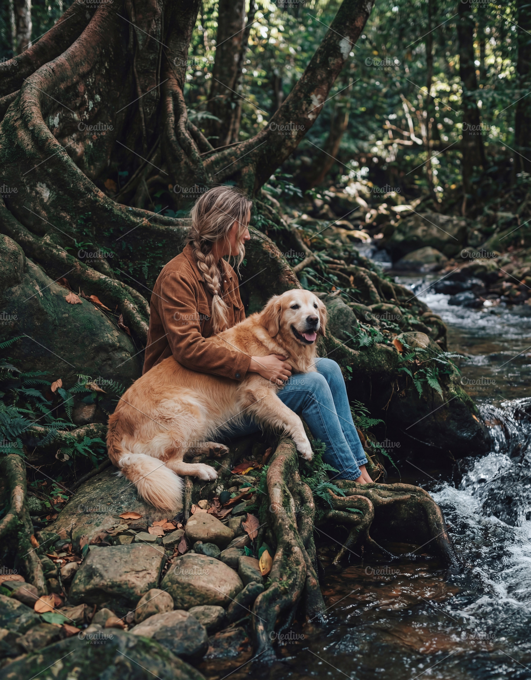Woman and Golden Retriever sitting, a Nature Photo by Virgo Studio