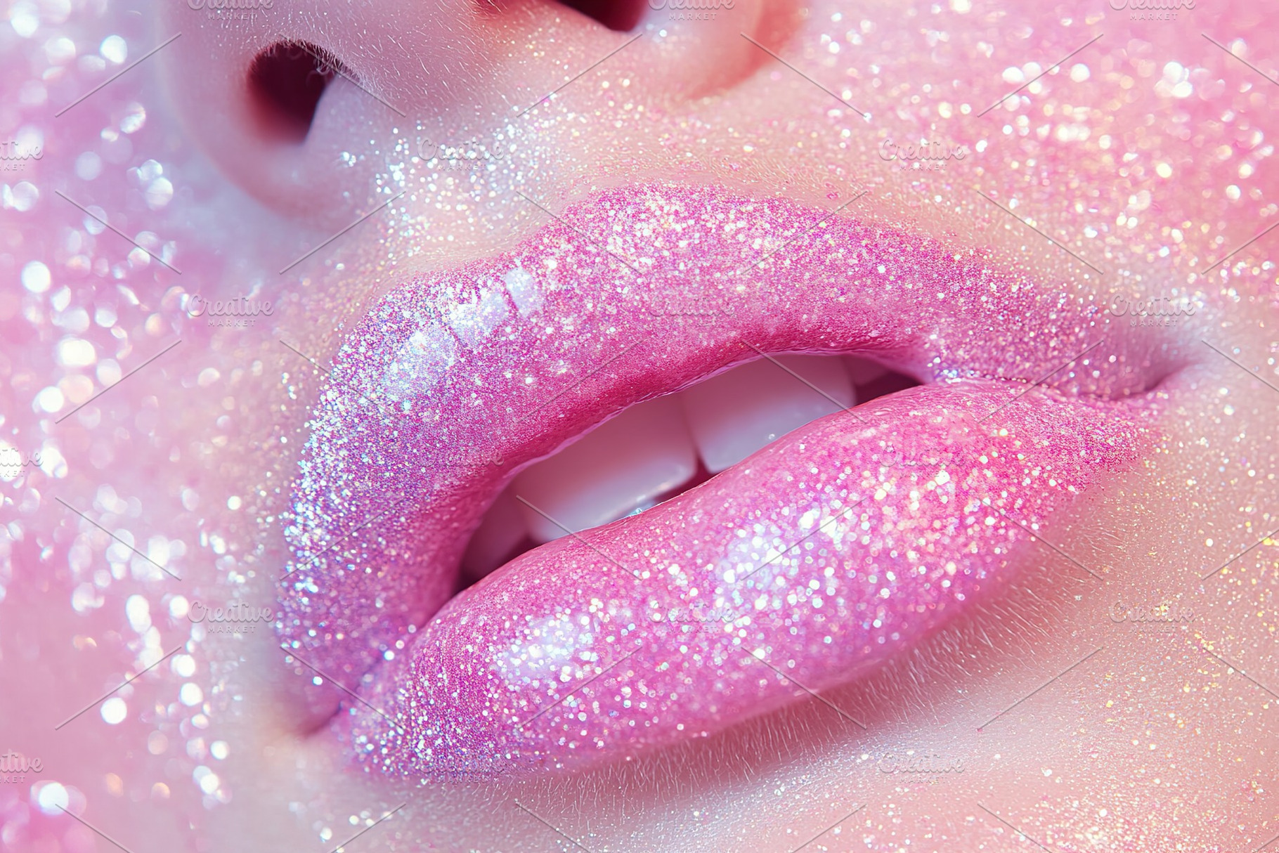 Close-up view of soft, glossy lips adorned with sparkling pink glitter in brigh, a Beauty & Fashion Photo by AlyaAnd