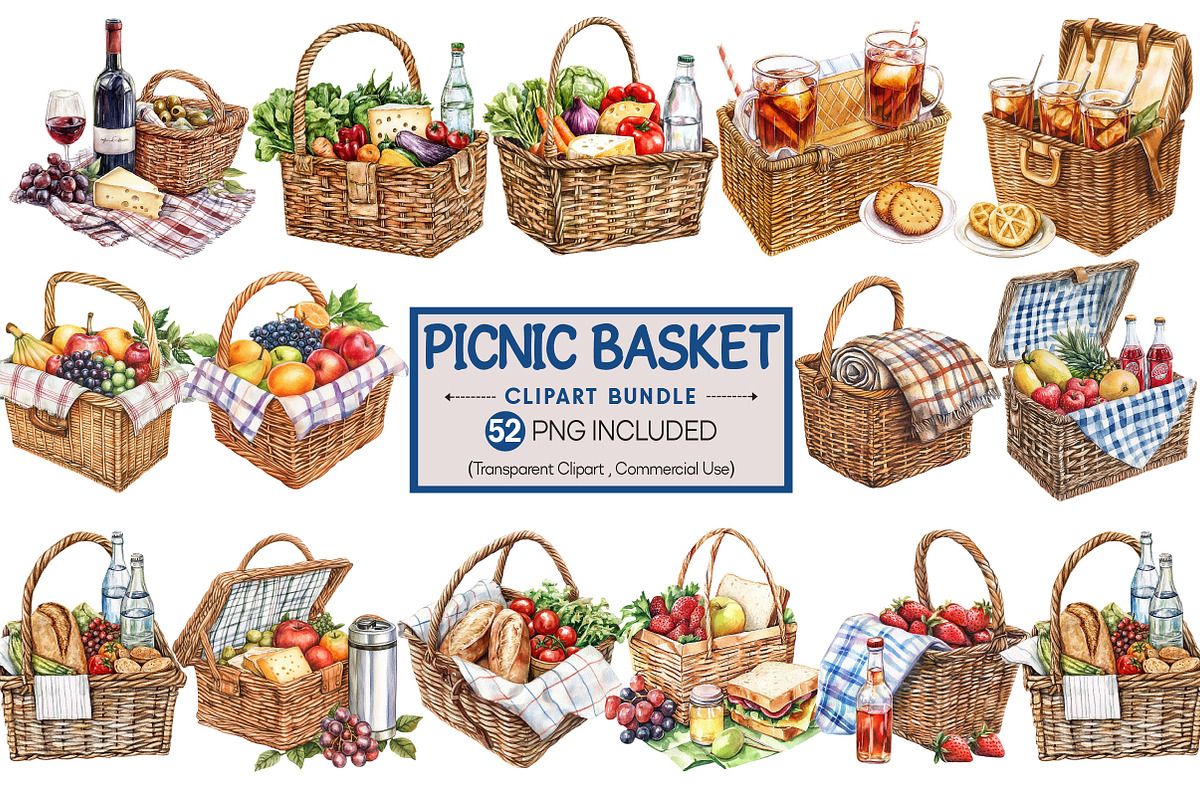 Summer Picnic Basket Clipart Bundle, an Illustration by Pixels.Craft (Photo 1 of 10)