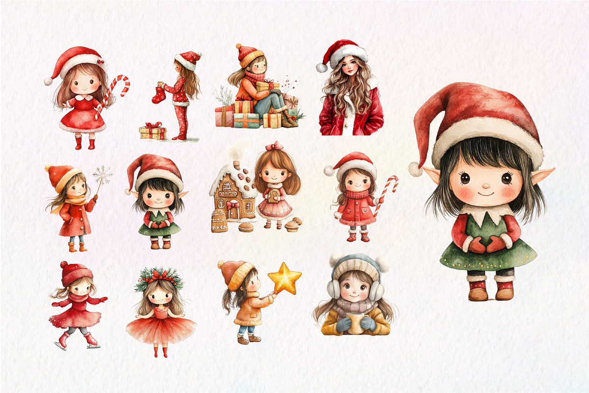 Christmas Girls Watercolor Clipart, an Illustration by Dream Creation (Photo 3 of 3)