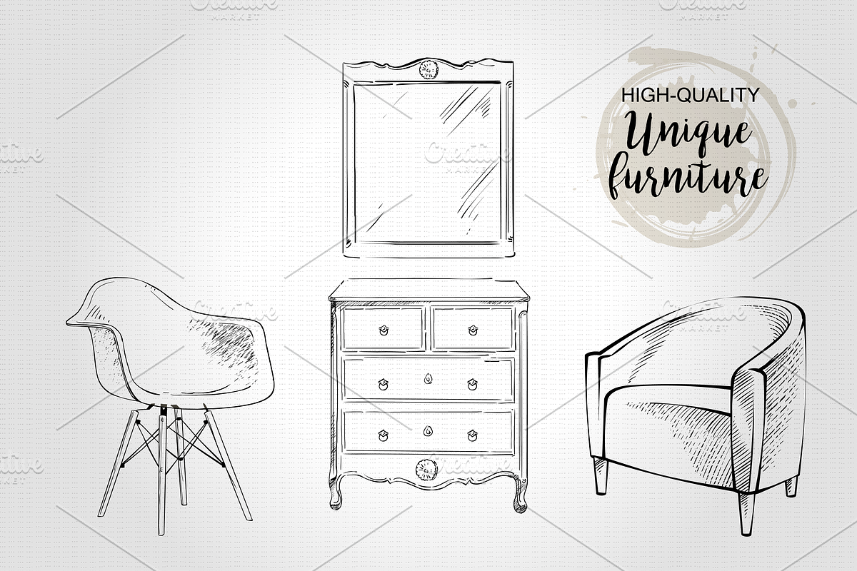 Furniture Hand drawn Vector set#3, a Decorative Illustration by Alltruecolours (Photo 3 of 4)