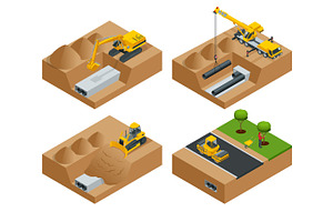 Removing The Asphalt Road Damaged During A Water Main Failure. Laying Of New Pipes. Road Repair Concept. Flat 3d Vector Isometric Illustration.