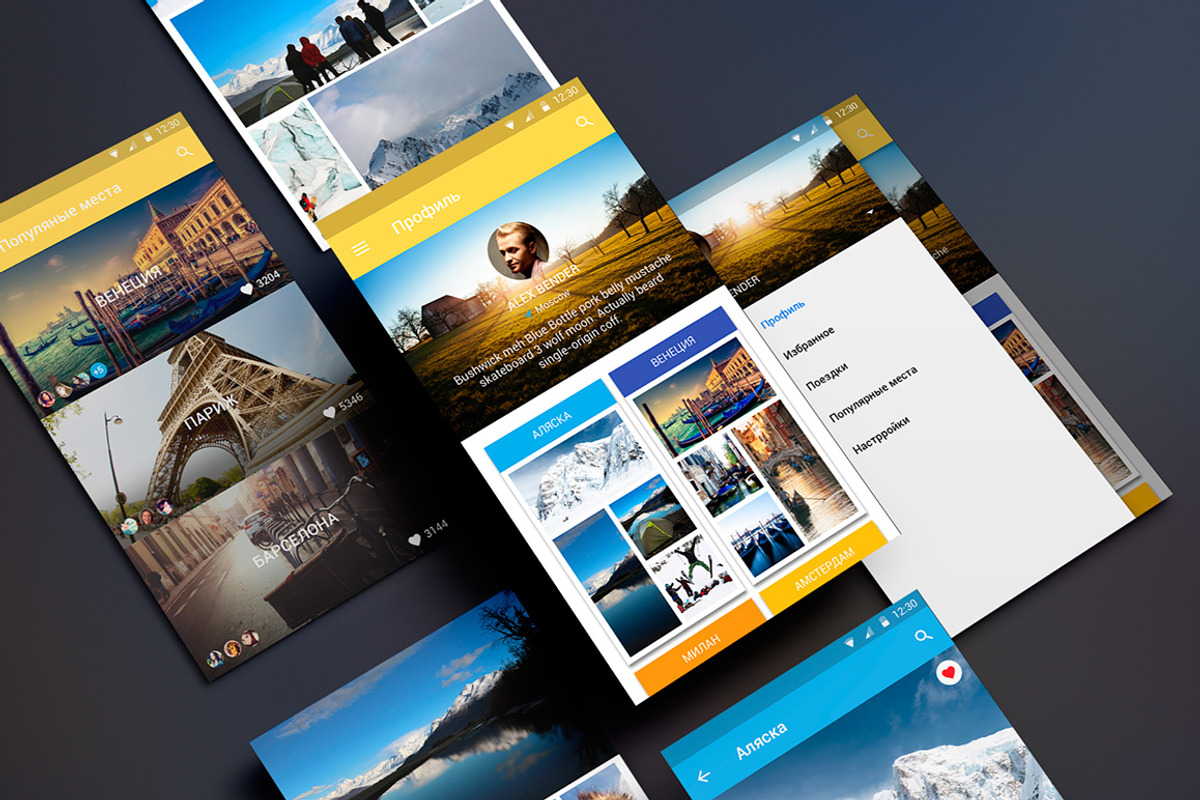 Travel App Material Design, a Product Mockup by ALEX BENDER UI STORE