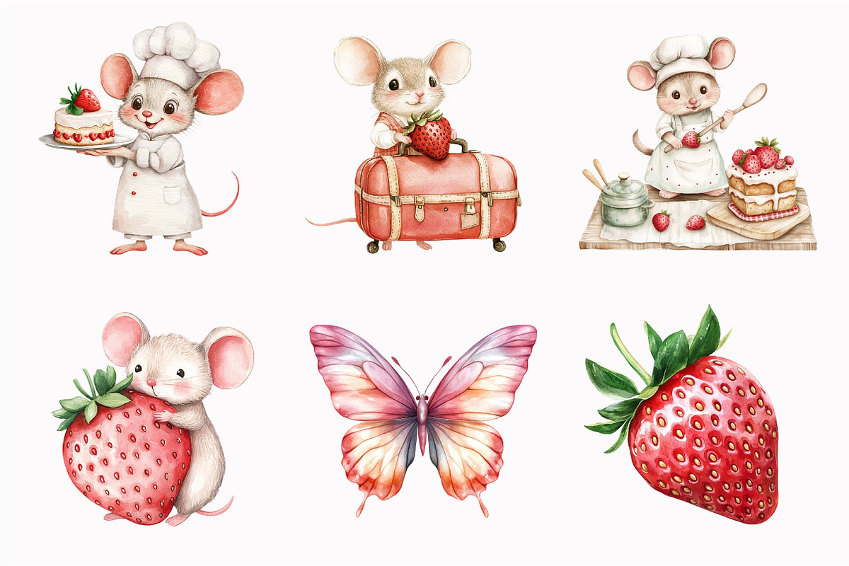 Watercolor Strawberry Mouse Clipart, an Illustration by Design Market (Photo 5 of 5)