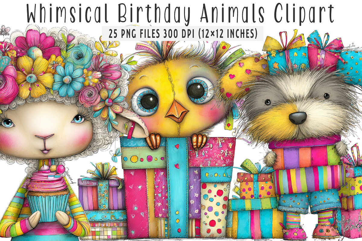 Whimsical Birthday Animals Clipart, an Illustration by SinaCreation (Photo 1 of 7)