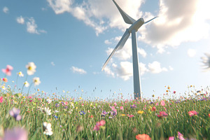 Wind turbine in vibrant wildflower meadow with clear blue sky, s, a Photo by Dvoevnore photos