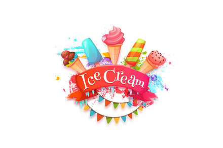 Ice cream banner with red ribbon. Vector illustration