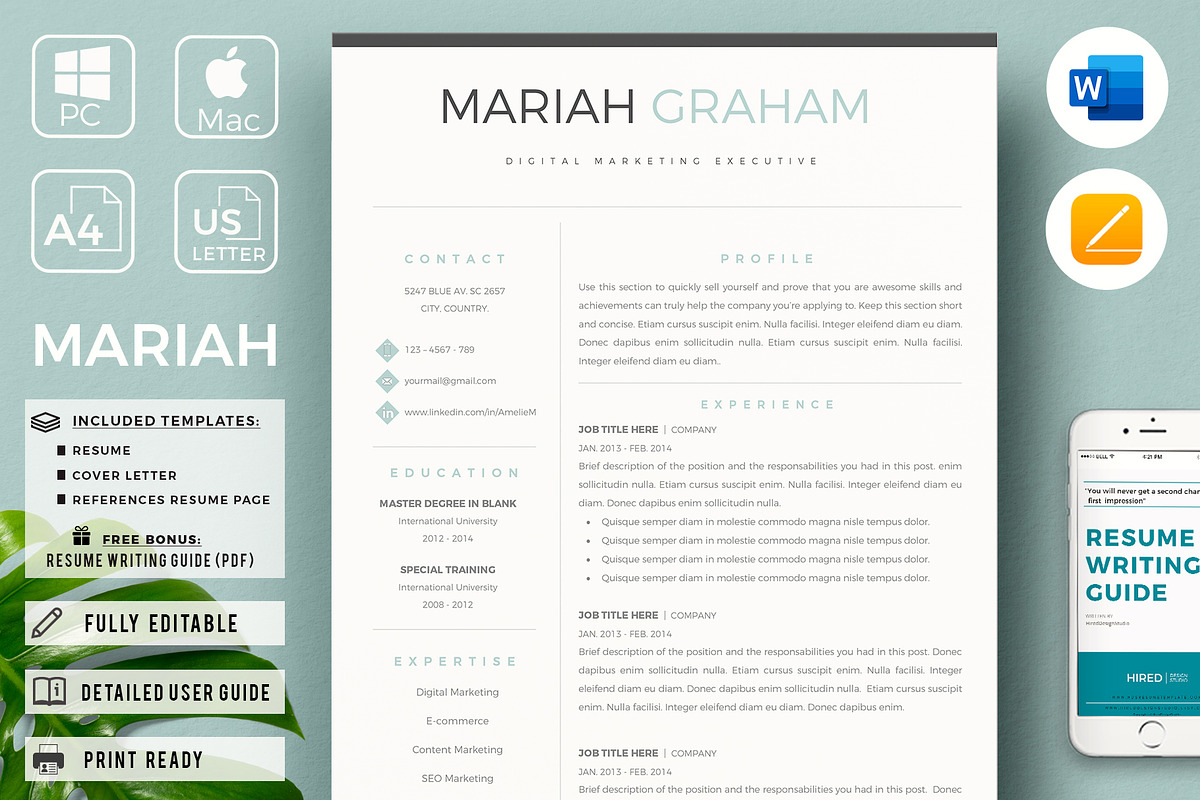 Modern Resume design + Cover Letter, a Resume Template by HIRED Design Studio (Photo 1 of 10)
