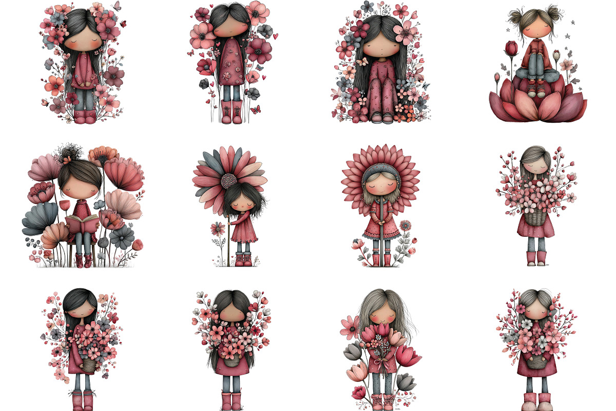 Whimsical Flowers and Girls Big Clip, an Illustration by CraftArtStudio (Photo 3 of 6)