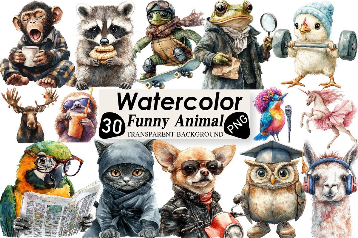 Funny Animal Clipart Bundle, an Illustration by Black Bird Studio (Photo 1 of 6)