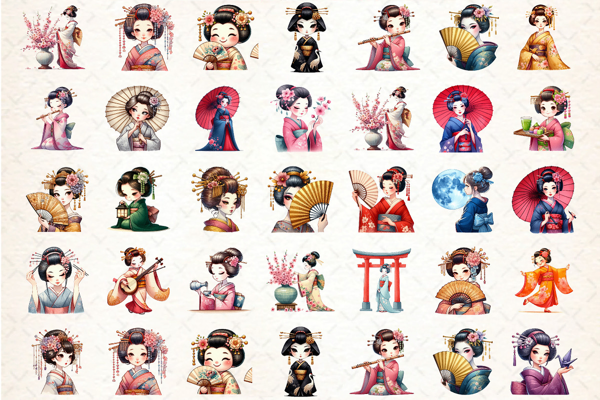 Japanese Geisha Watercolor PNG Bundl, an Illustration by DreamCafeArt (Photo 2 of 7)