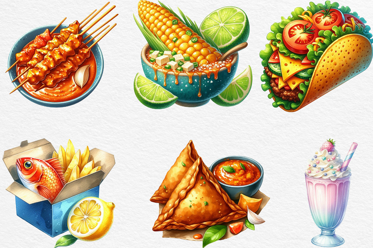 Watercolor Street Food Clipart, an Illustration by Black Bird Studio (Photo 2 of 6)