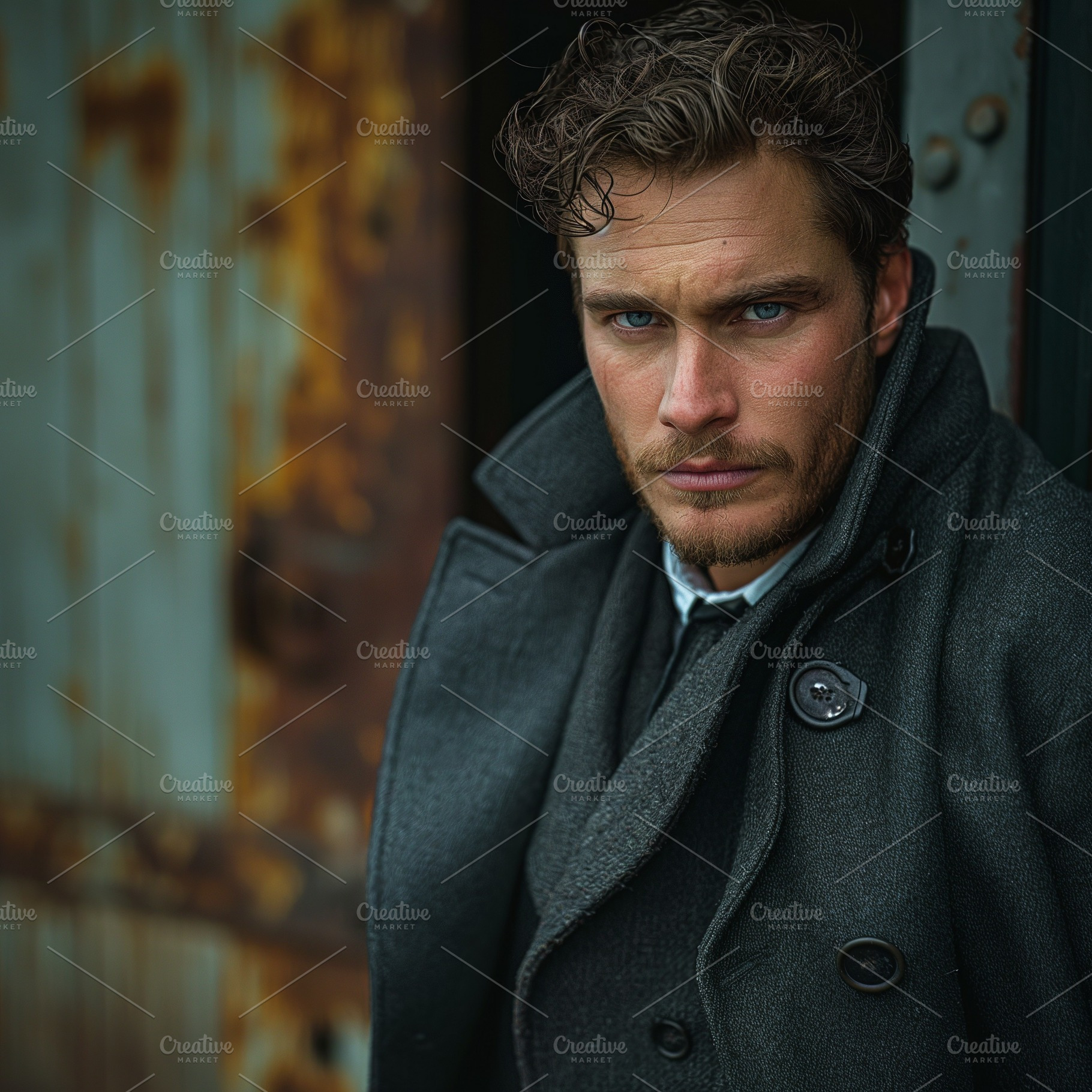 A handsome Caucasian man with curly hair and blue eyes poses in a stylish grey, a Person Photo by ImageMir