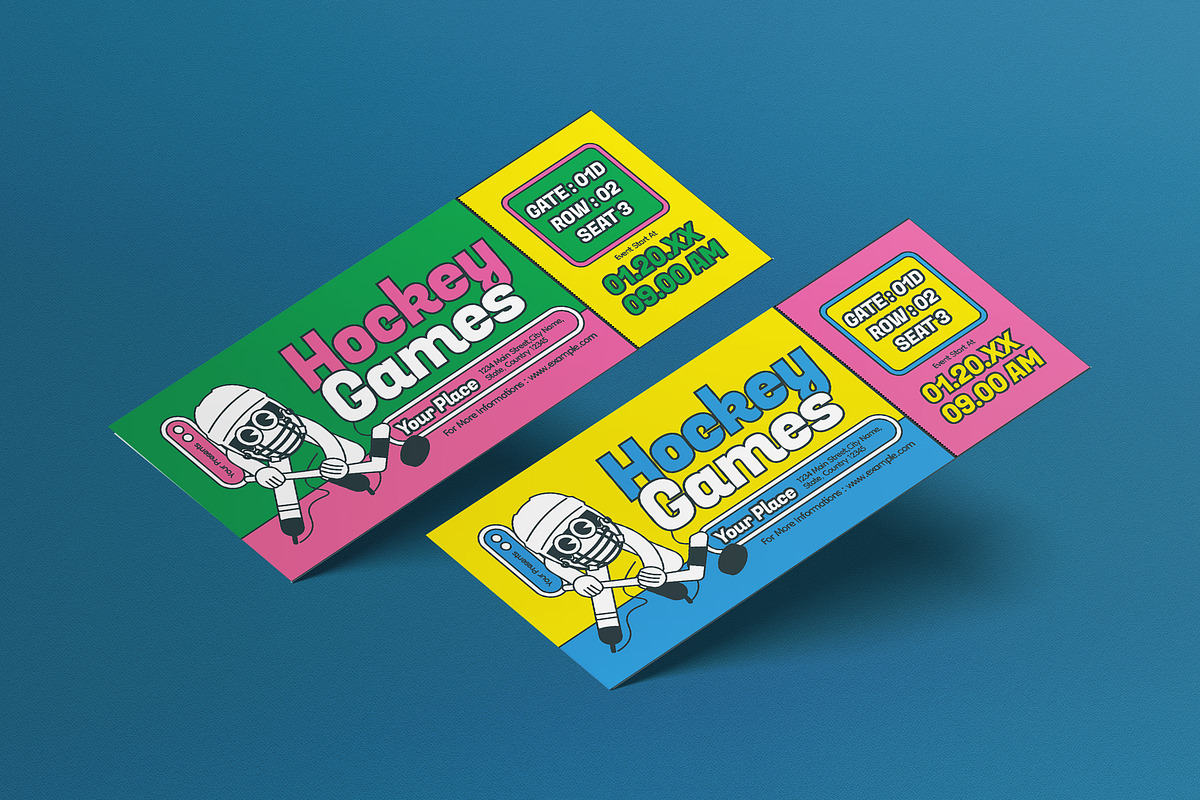 Blue Green Quirky Hockey Game Ticket, a Card Template by graphicook (Photo 1 of 3)