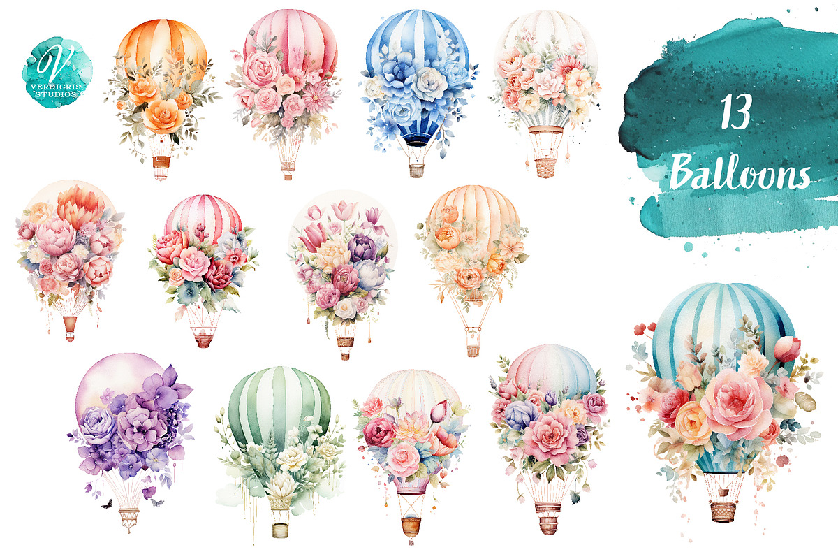 Watercolor Hot Air Balloons, an Object Illustration by Verdigris Studios (Photo 2 of 4)
