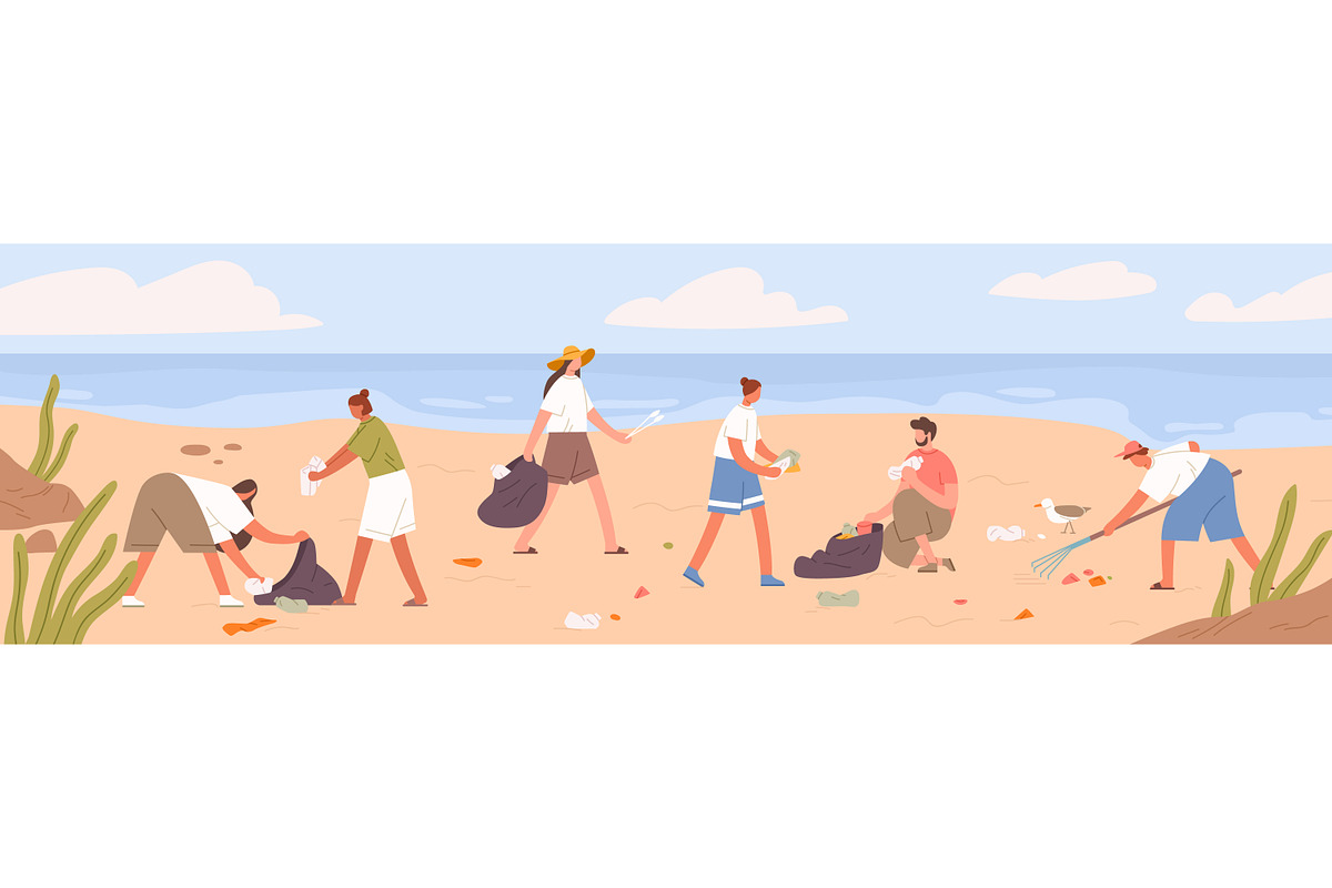 People cleaning sea beach from trash, a Person Illustration by Good Studio (Photo 1 of 3)