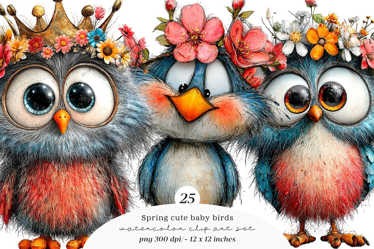 Spring cute baby birds clipart, an Illustration by SinaCreation (Photo 1 of 11)